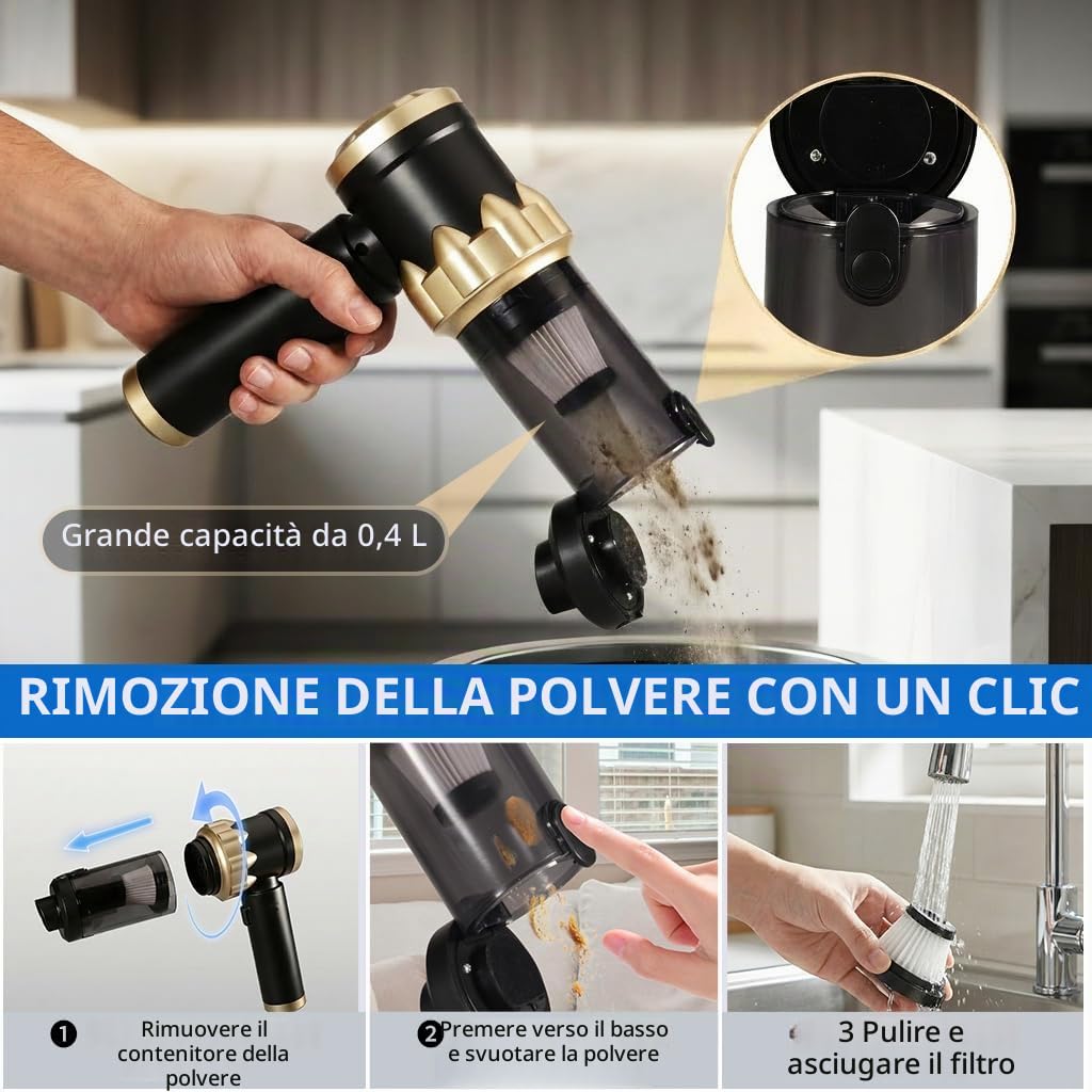 Aspirapolvere Auto Senza Fili Vacuum Cleaner, Aspirabriciole Portatile, Mini Aspirapolvere 4 in 1 26000PA, Aspira Briciole Potente Ideale per la Pulizia dell'auto e Della Casa, Oro Nero