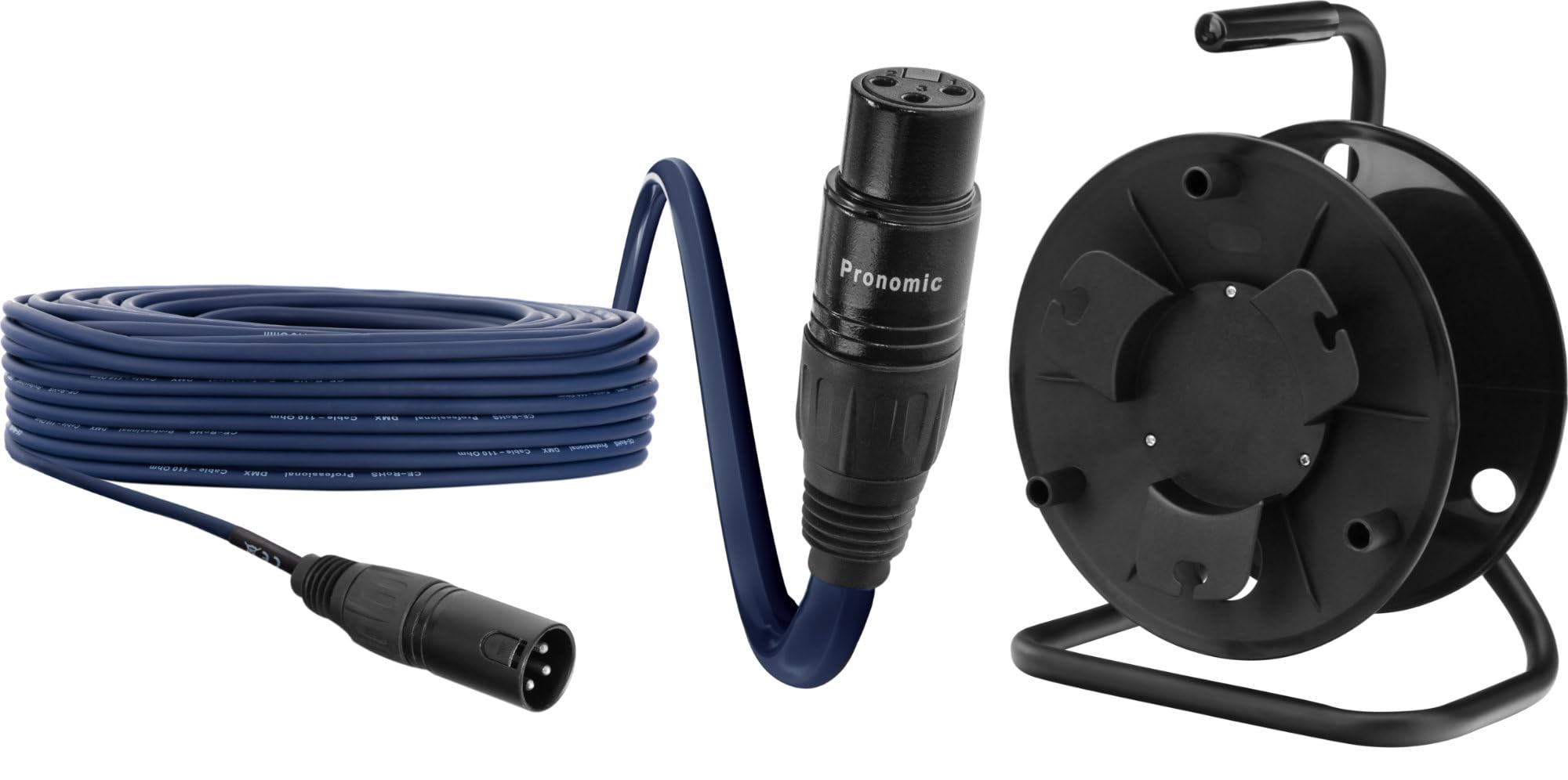 Pronomic Stage DMX3-50 Câble DMX 50m avec dévidoir - Câble professionnel, connecteurs XLR 3 broches femelle, contacts dorés, transmission sans interférences, longueur 50m, couleur bleu.