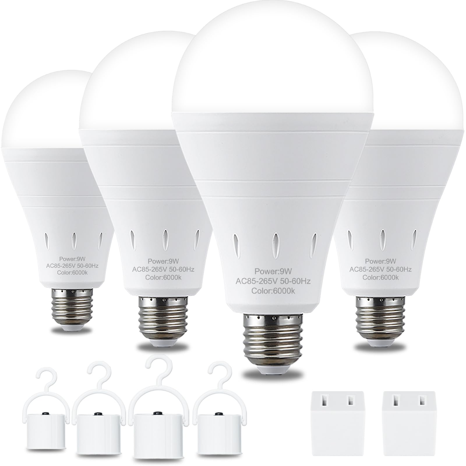 4 Pack Rechargeable Emergency Light Bulbs, Battery Powered Energy Efficient LED Light Bulb 6000K Daylight E26 120 Volt 9W 60W Equivalent with 1200mAh for Home Power Outage Camping Hurricane