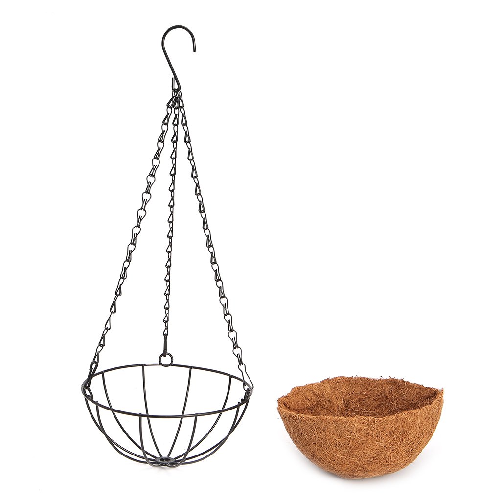 Cengjilosk Metal Hanging Planter Basket with Coco Coir Liner 12 Inch Round Wire Plant Holder with Hanging Chain Flower Pots for Indoor Outdoor Garden Decoration (9.84x3.94x17.72in)