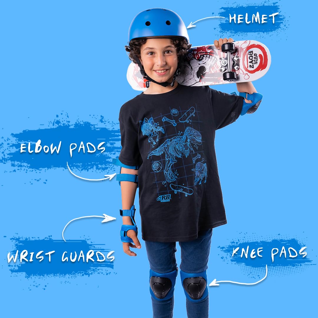 Kids Skateboard Bike Helmet Pads Set Protective Gear from Rude Boyz - Knee Pads Elbow Pads Wrist Pads Set for Youth Boys Girls