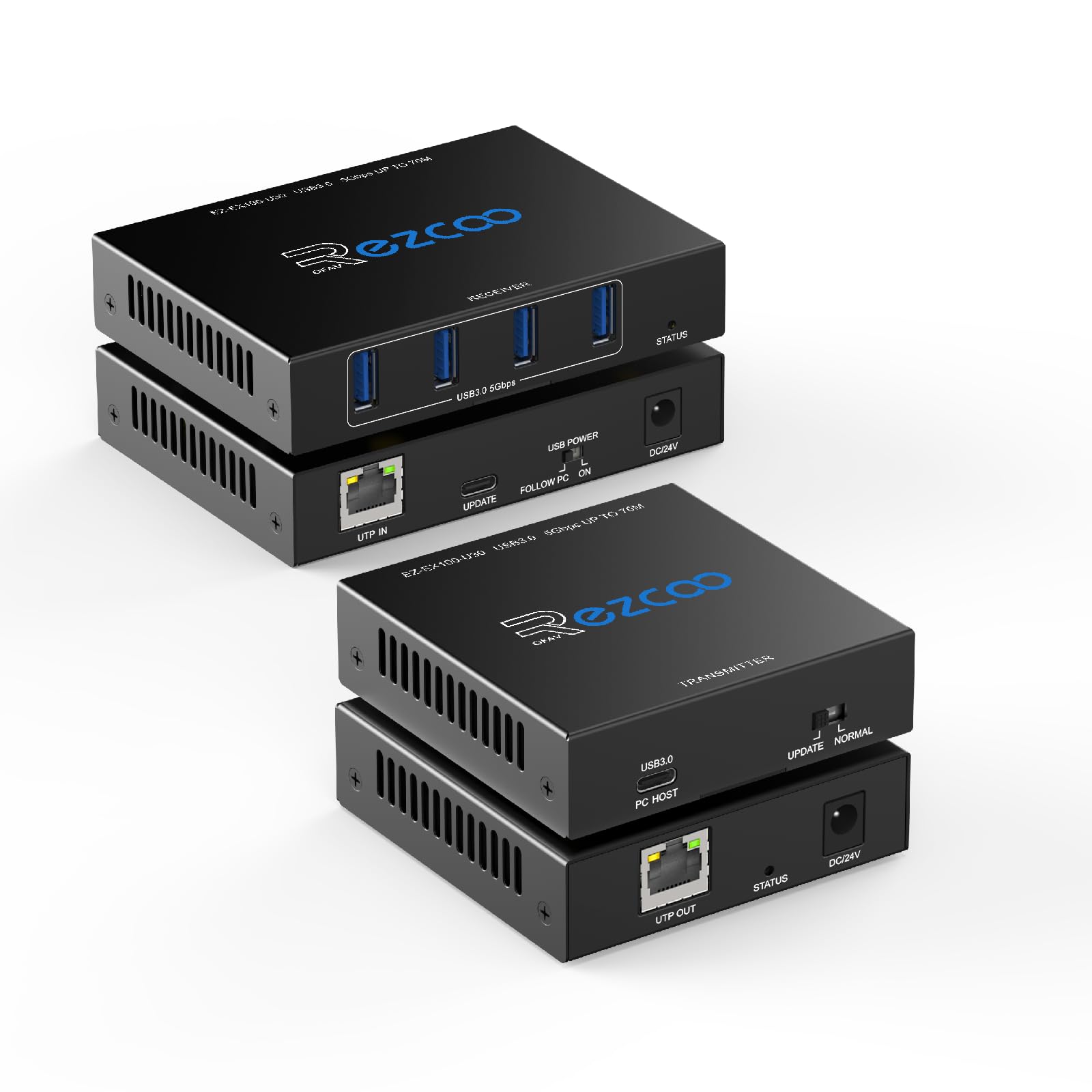 Estensore USB 3.2, 70 m, 4 porte su Cat5e, Cat6, RJ45, LAN, POE, 5 V, a basso consumo energetico, prolunga USB, Ethernet, sincronizzazione lavoro, Windows, MacOS, Android, Linux, senza driver