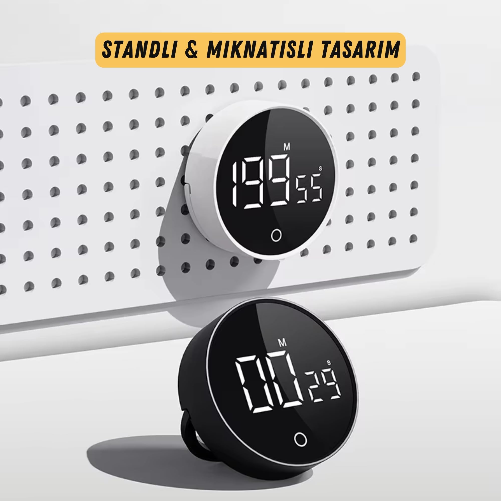 GWORKE RT-1 Mıknatıslı Rotary Zamanlayıcı 0-199 İleri Geri Sayım Kronometre, Ayaklı Stand, LED Ekran, USB-C Şarjlı, Pomodoro & Mutfak Timer (Beyaz)
