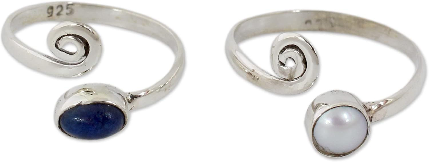 NOVICA Artisan Handmade Cultured Pearls and Lapis Lazuli Toe Rings | Sterling Silver Pair | Blue and White | India | Snorkel Bollywood Bohemian Birthstone | 0.4 in L x 0.2 in W x 0.1 in D | 'Pretty