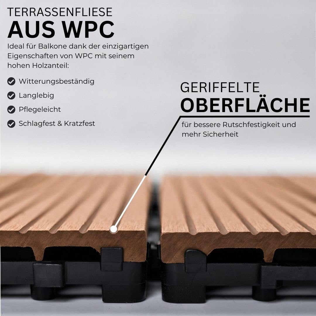 Mega Holz WPC Terrassenfliesen Braun - Bodenfliesen mit Klicksystem für Balkon, Wintergarten und Terrasse - Wetterfester Bodenbelag als 30x30 cm große Fliesen - Wetterfest (2m² - 22 Fliesen)