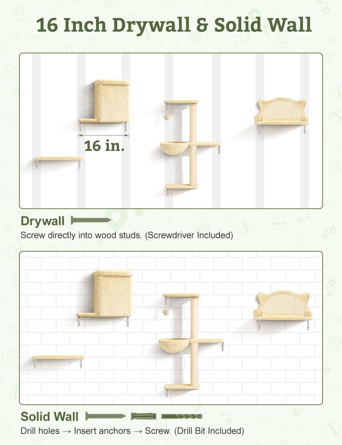 5-in-1 Cat Wall Shelves, Solid Wood & Velvet & Sisal Scratcher, 44lbs Max Load, Wall Mounted Cat Furniture for Climbers, Cat Climbing Wall System, Fits Drywall & Solid Walls - Beige