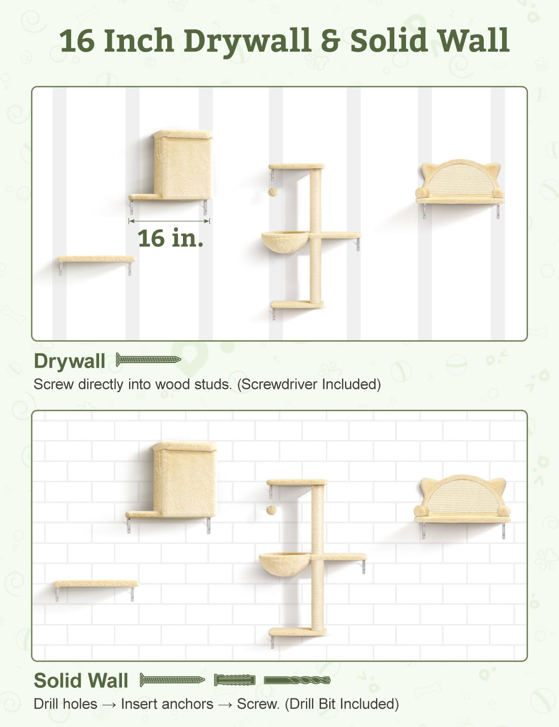 5-in-1 Katzen kletterwand Set mit Katzenbaum Hängematte,Katzen Wandelemente,Katzentreppe Wand, Massivholz Katzenwandmöbel Set für Katze Catwalk - Beige