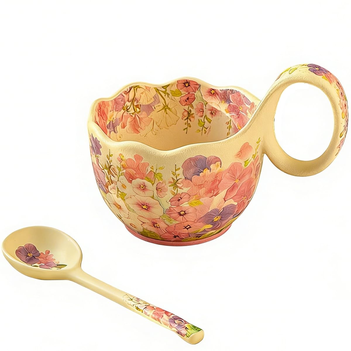 15.87 Oz Microwavable Soup Bowl with Handle, Hand Painted A Profusion of Blooms Decorative Soup Bowls with Handles, Ceramic Soup Bowl with Spoon for Holding Fruits Cereal Snack, Chili, Ice Cream, Stew