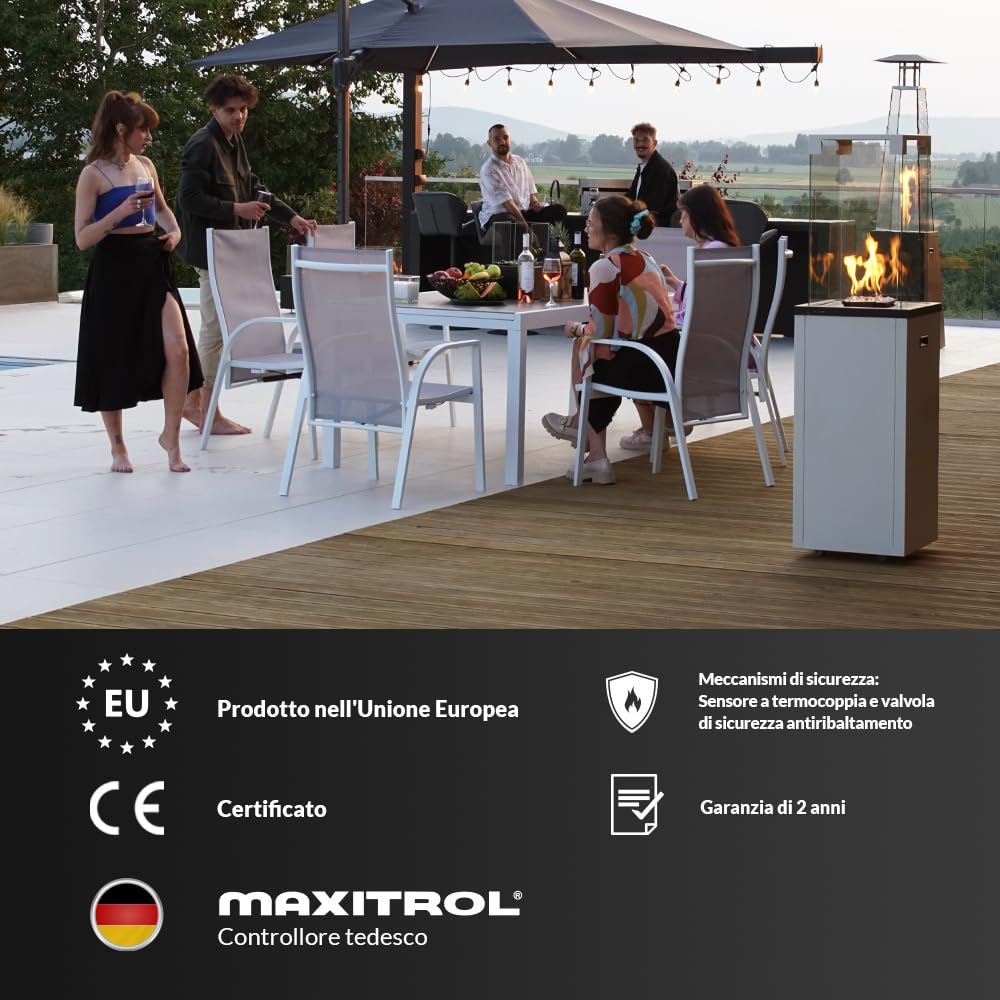 KRATKI Stufa da terrazza a gas G30/ 144,4 x 37 x 37 cm bianco Ecodesign 8,2 | Patio Light Riscaldatore a Gas Portatile 8,2 kW; Alimentato a Propano Butano G30/30mbar; Efficiente Riscaldatore per Esterni