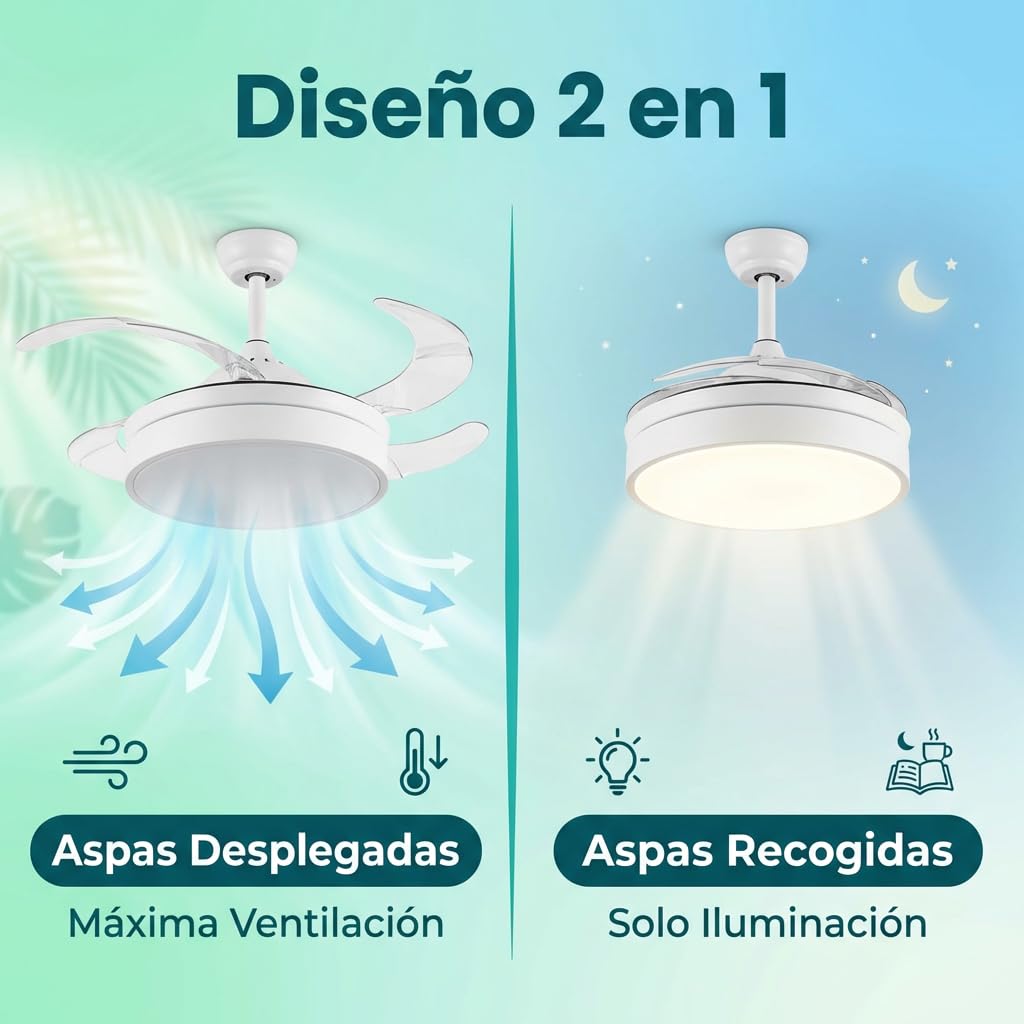 Don Feliz Ventilador de techo con luz LED con 4 Aspas Retráctiles, 3 modos de luz, control por mando y app, lampara de techo con ventilar luz LED regulable 55W, Motor DC