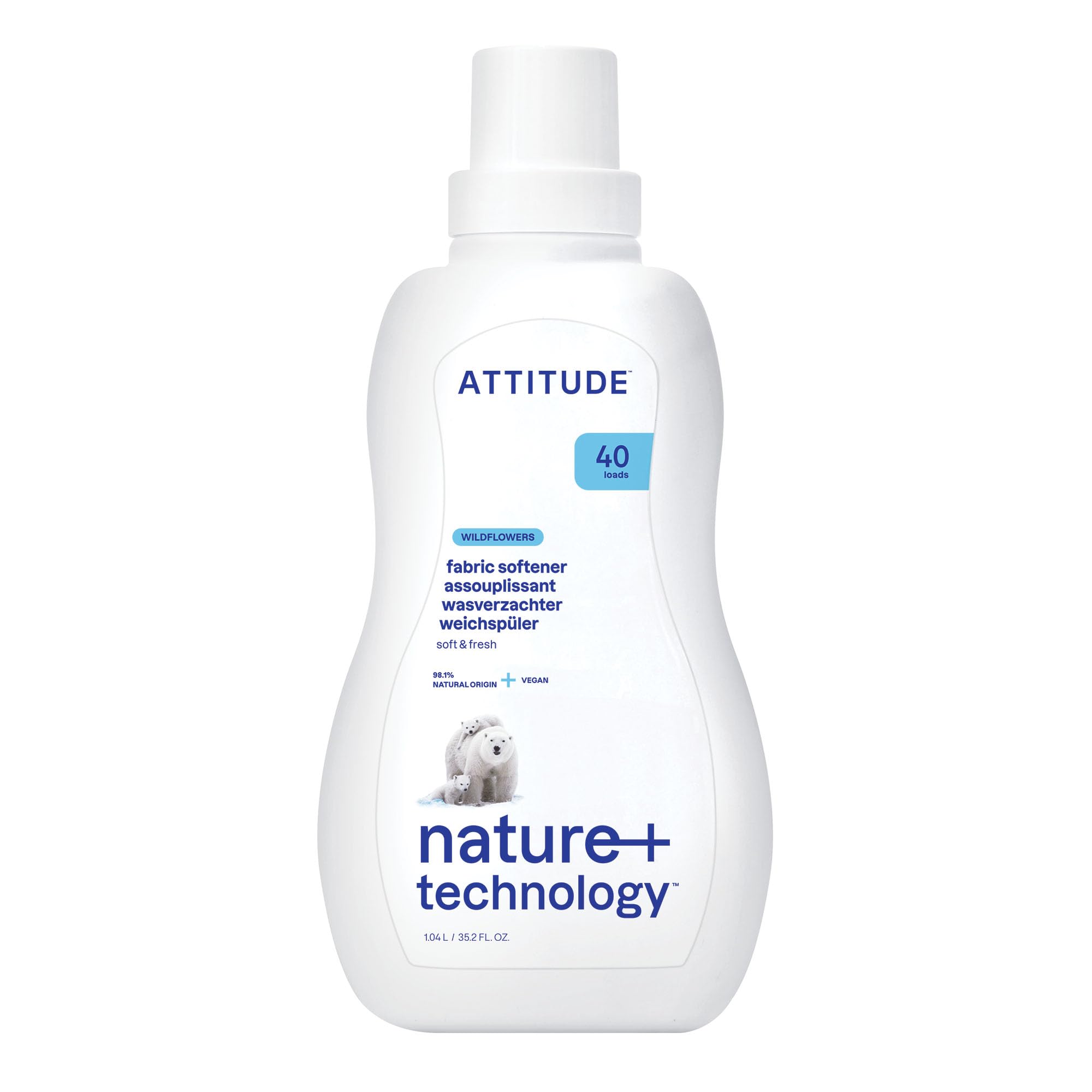 ATTITUDE Liquid Fabric Softener, Plant-Based & Vegan, HE Compatible, Naturally Derived, Wildflowers Scent, 40 Loads, 1 Liter