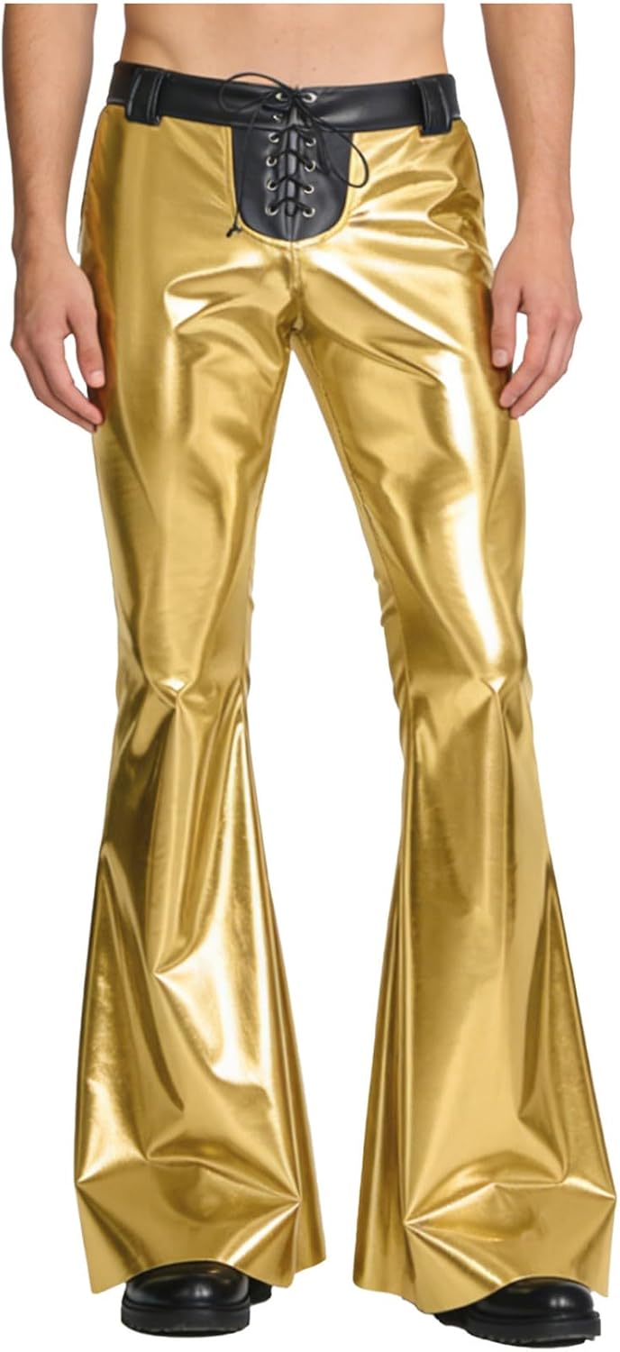 TiaoBug Men Slim Fit Retro Flared Trousers Wide Leg Bell Bottoms Disco Dance Shiny Metallic Leggings