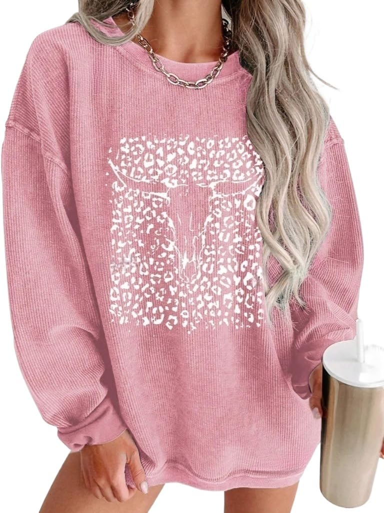 Women's aesthetic pattern printed shirt, round neck shoulder sweatshirt, loose sweatshirt, Y2K sweatshirt