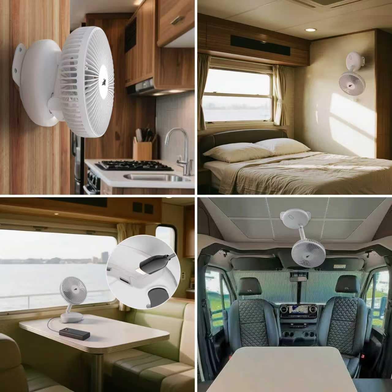 ZOIZ Ventilatore da parete per caravan, 12 V, con luce LED, silenzioso, oscillante, per camper, roulotte, barca, camera da letto, soggiorno, portatile, per campeggio e furgoni