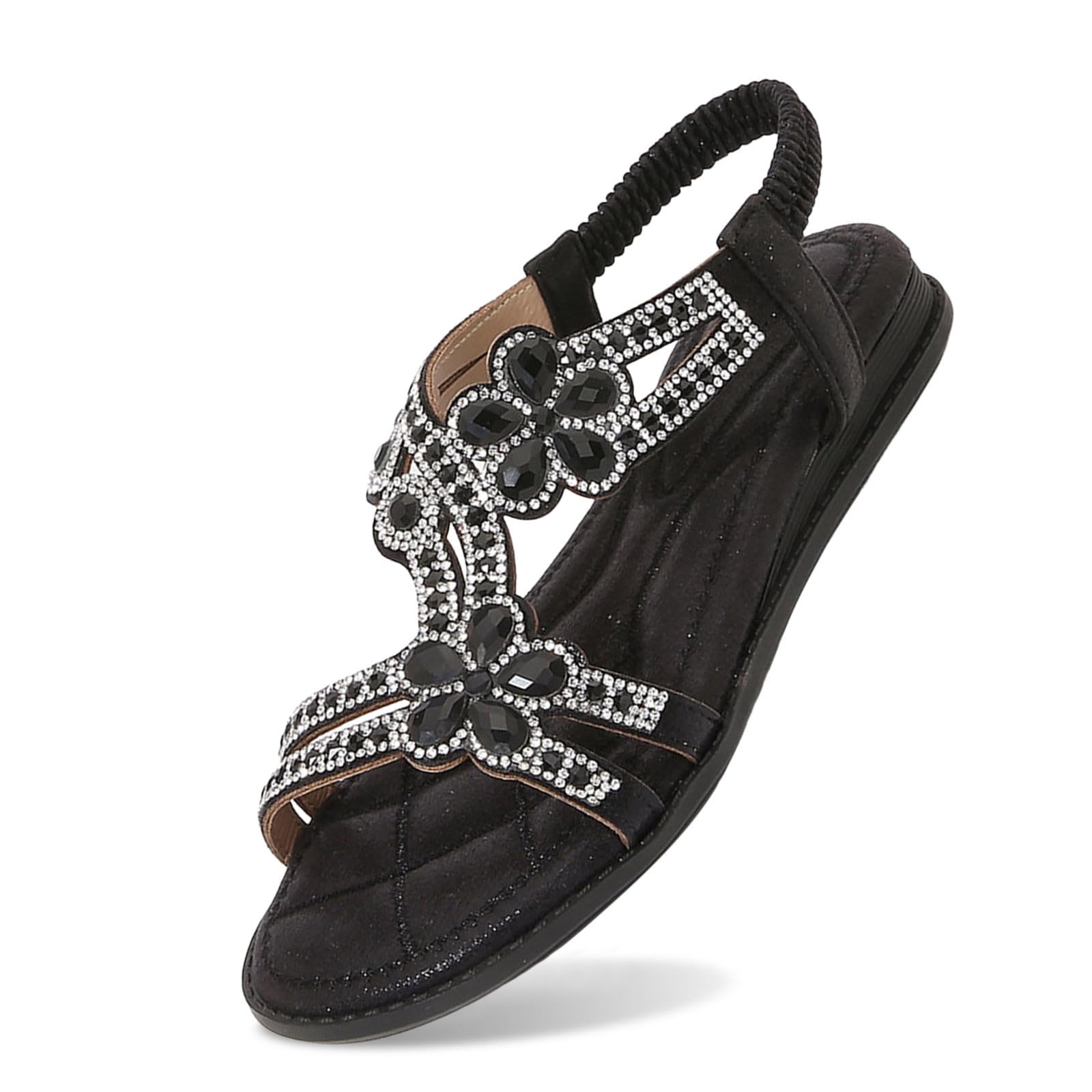 Sandali da donna con brillantini, eleganti e piatti, con strass, per ragazze, scarpe estive, comode e morbide, sandali da donna, sandali con elastico, sandali larghi