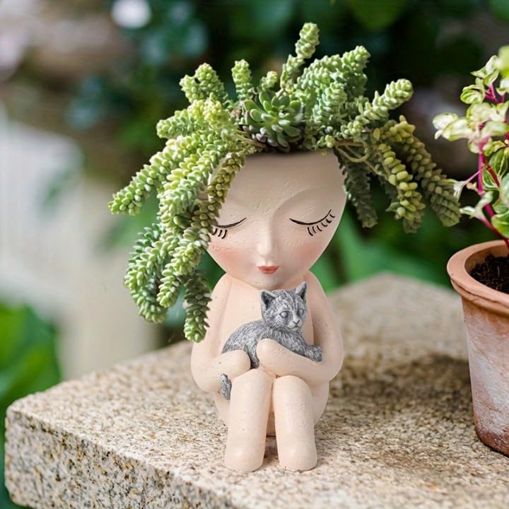 Image of Face Planter Pot with Drainage Hole 6 inch Resin Head Flower Pot for Indoor Outdoor Plants Cute Lady Planter for Garden Home or Office | No Plants or Floral Included (White)