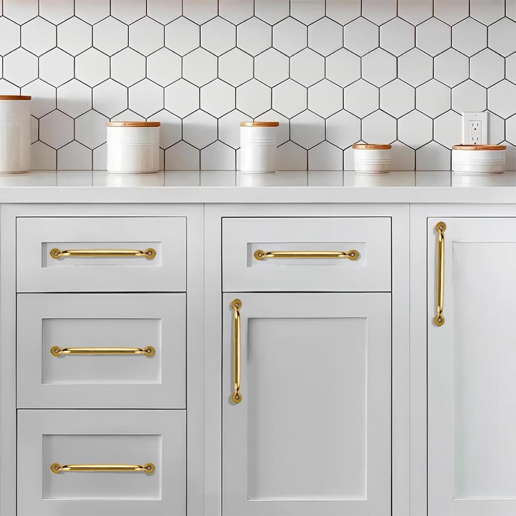 khtumeware Luxury 5-Pack 100% Solid Brass Cabinet Pulls, 3" Center-to-Hole Pulls in Unlacquered Brass Finish for Drawers & Doors