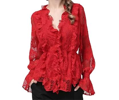 Amazon.com: Women Ruffles Long Sleeve Red Lace Top See