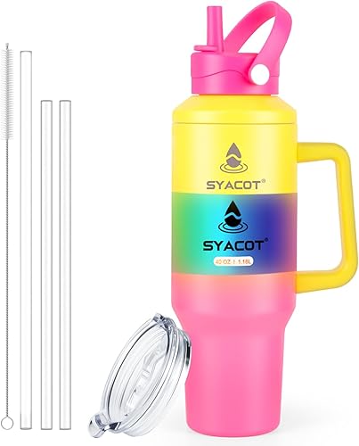 Miniatura 11 de Vaso de 40 onzas con asa y popote o se convierte en botella de agua aislada de 40 onzas que cabe en el portavasos. Botella de agua de metal de acero