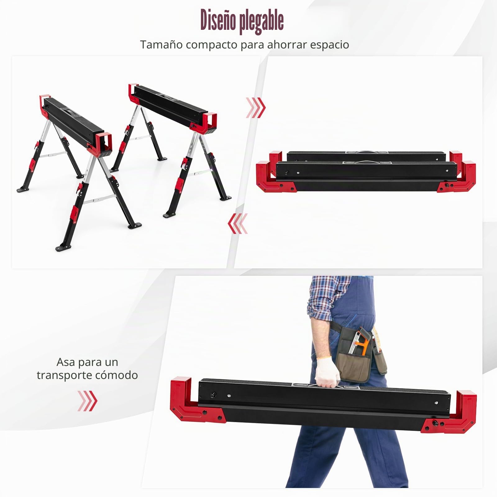 GOPLUS Juego de 2 caballetes portátiles de acero con 9 niveles de ajuste de altura, asas de transporte, parte superior de PVC antideslizante, juego de caballete de trabajo soporta hasta 1180 kg