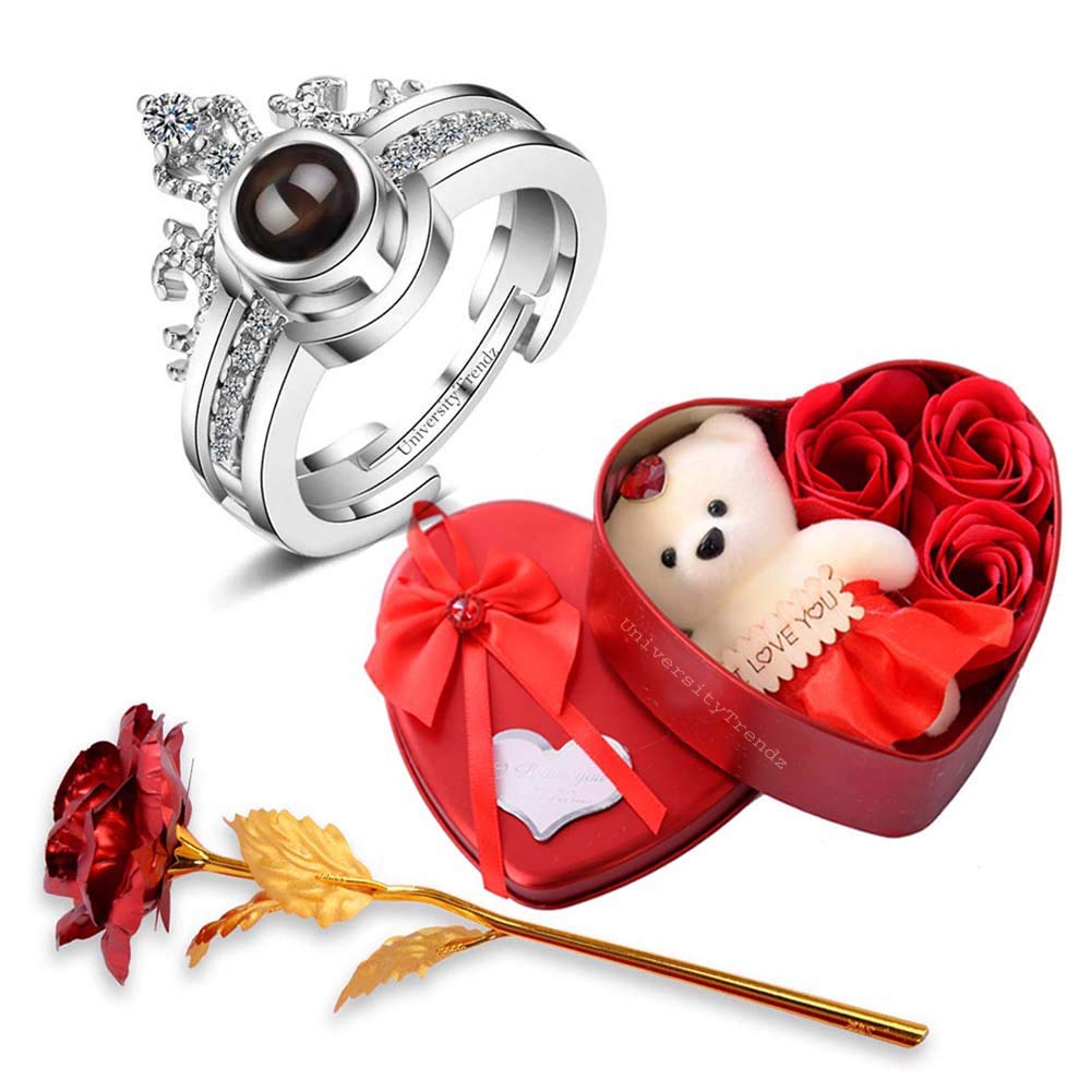 University Trendz I Love You 100 Language Silver Crown Ring with Artificial Red Rose & Soft Teddy Bear with Flower Box for Girlfriend, Wife, Lovers Romantic Gift for Valentine Day (B08X4BVGH7) Amazon Price History, Amazon Price Tracker