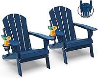 GreenVines Folding Adirondack Chairs Set of 2 HDPE All-Weather Blue w/ Cup Holders - Patio Deck Fire Pit Chairs