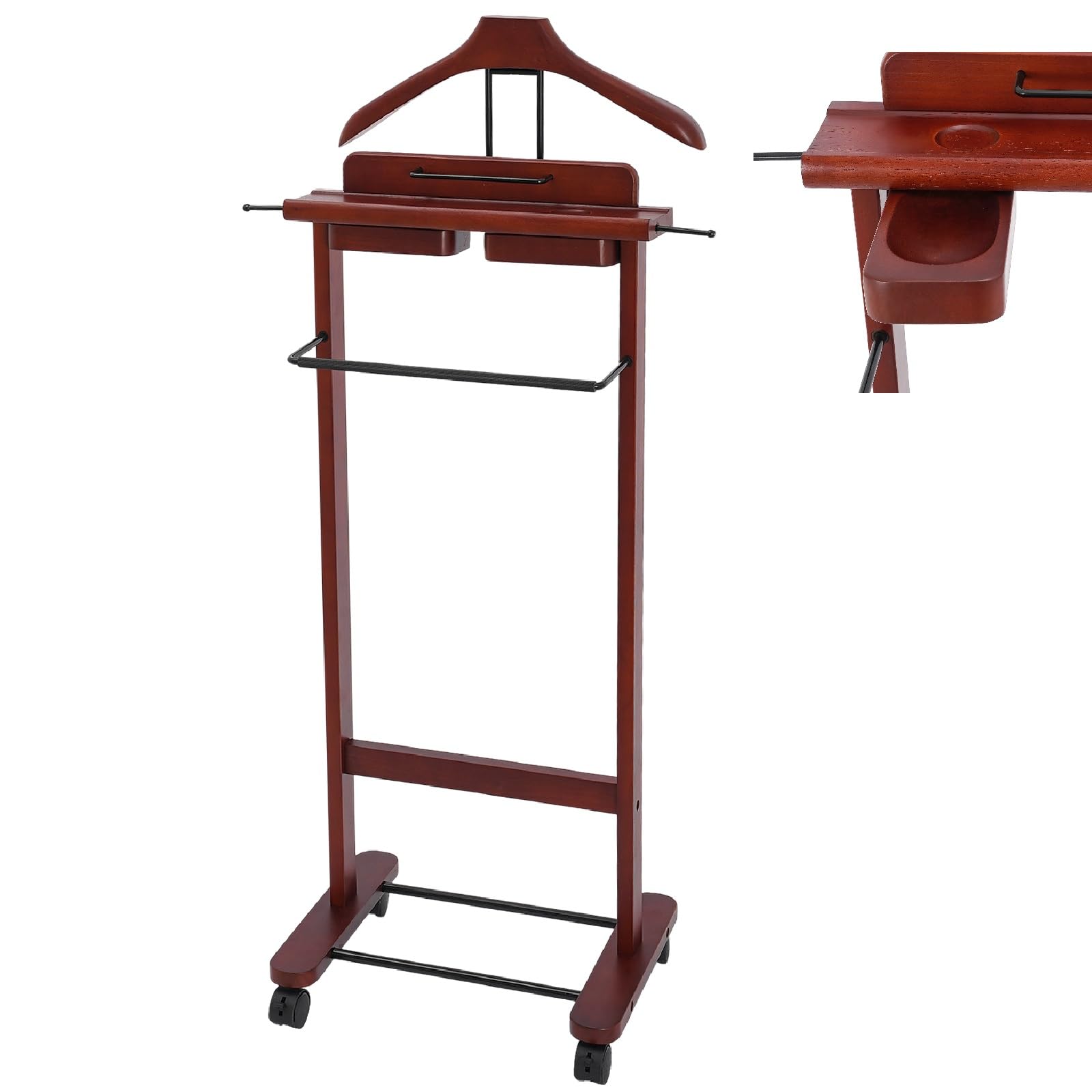 Pinelicorn Freestanding Mens Valet Stand with Drawer, Rolling Suit Hanger Butler Clothes Rack with Base, for Office Living Room Bedroom