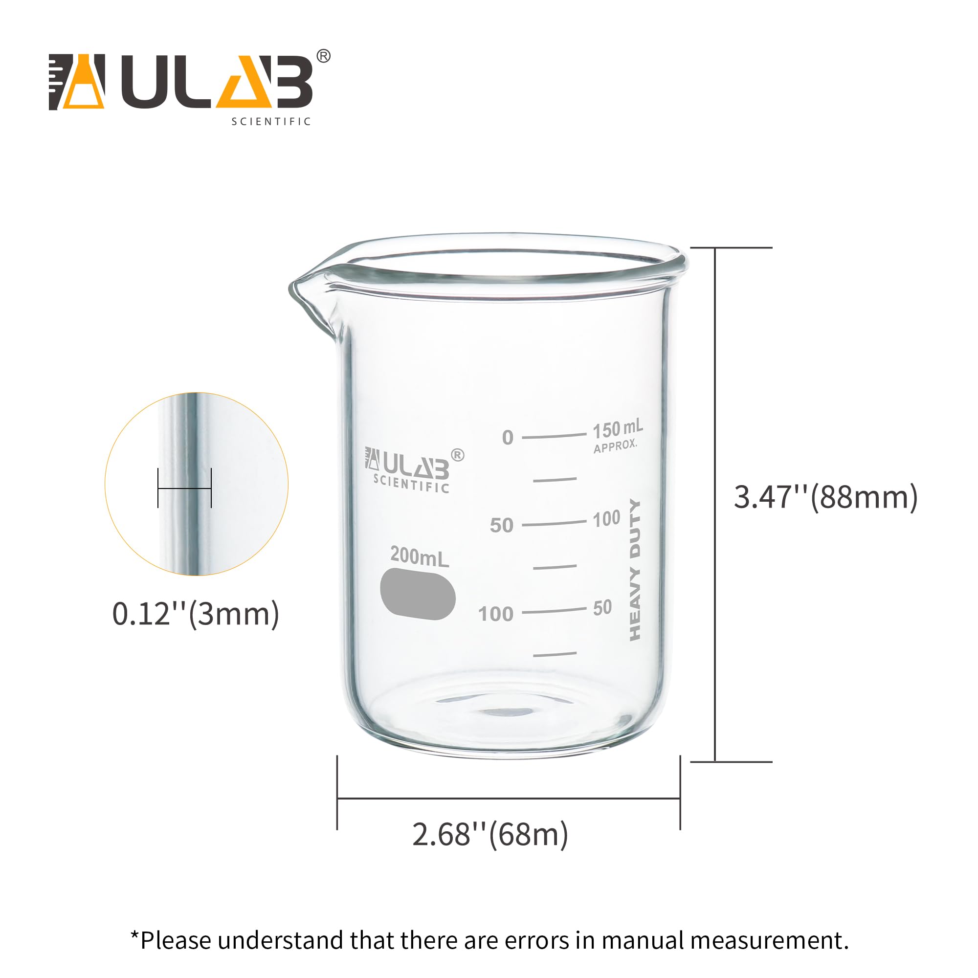 ULAB UBG1022 - Set di bicchieri in vetro borosilicato 3,3 a forma bassa, con graduazione stampata, confezione da 6