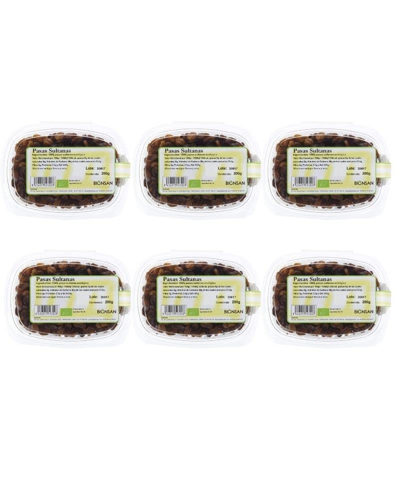 Bionsan Pasas Sultanas Ecológicas - 6 Cajitas de 200 gr - Total : 1200 gr