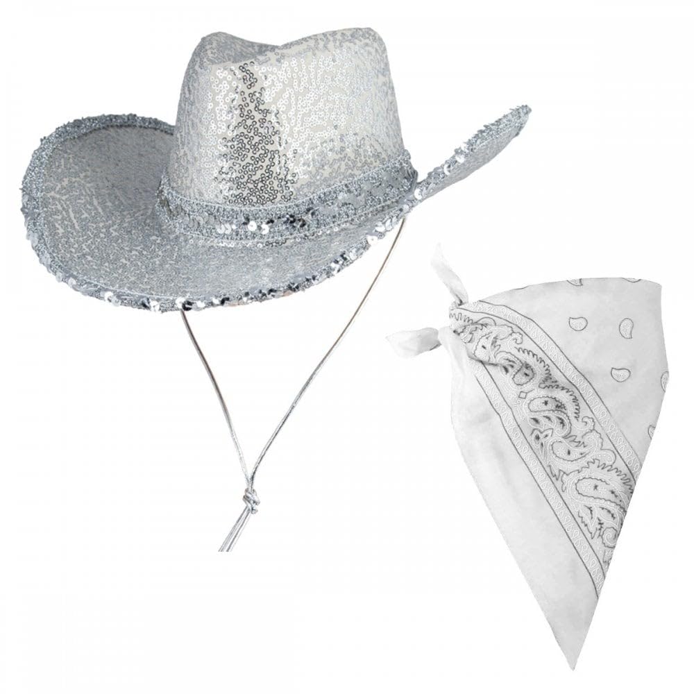 Titch & Timbo Texan Sequin Cowgirl Hat + Bandana Set : Adult Womens Western Cowboy Wild West Hen Night Rodeo Barn Dance Music Festival Pop Tour Fancy Dress Accessory (Silver (White Bandana))