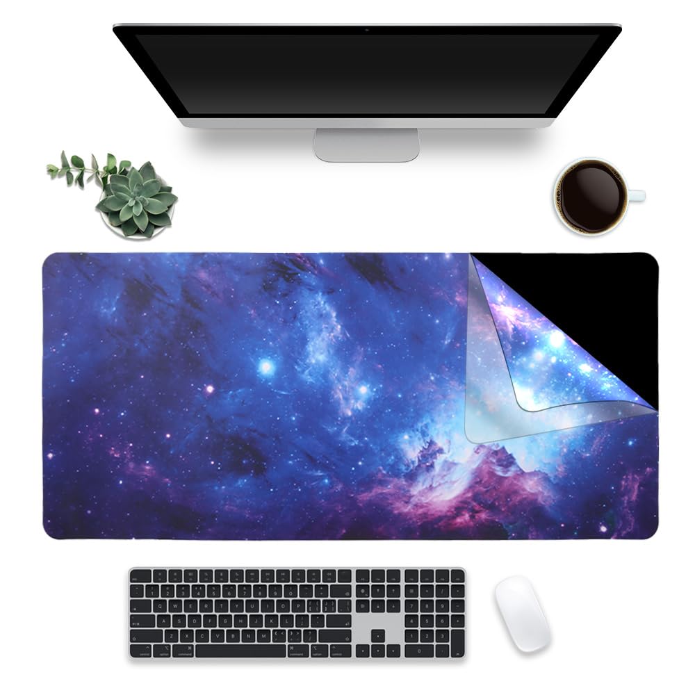 Meffort Inc Extra Large Extended XXL Gaming Desk Mat - Ice Silk Material for Smooth and Precise Mouse Movements, Non-Slip Rubber Base, Durable and Easy to Clean, 35.4 x 15.7 inches - Galaxy Clouds