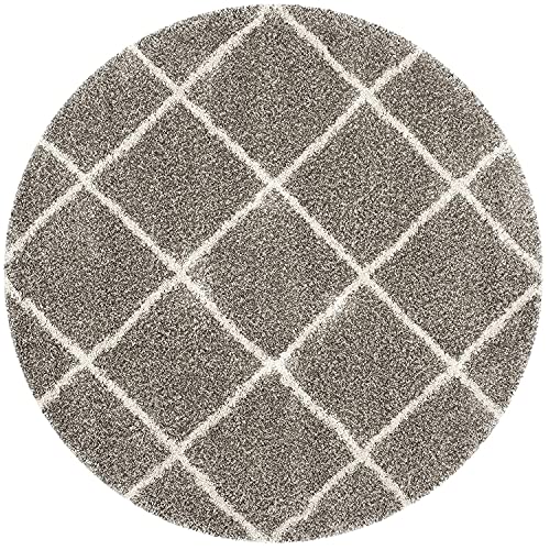 Image of Trellis Design Microfiber Hand Woven Shaggy Carpet Collection with 2 inch Pile Height Carpet for Living Room Size 4x4 feet Square coular Lgrey /Ivory