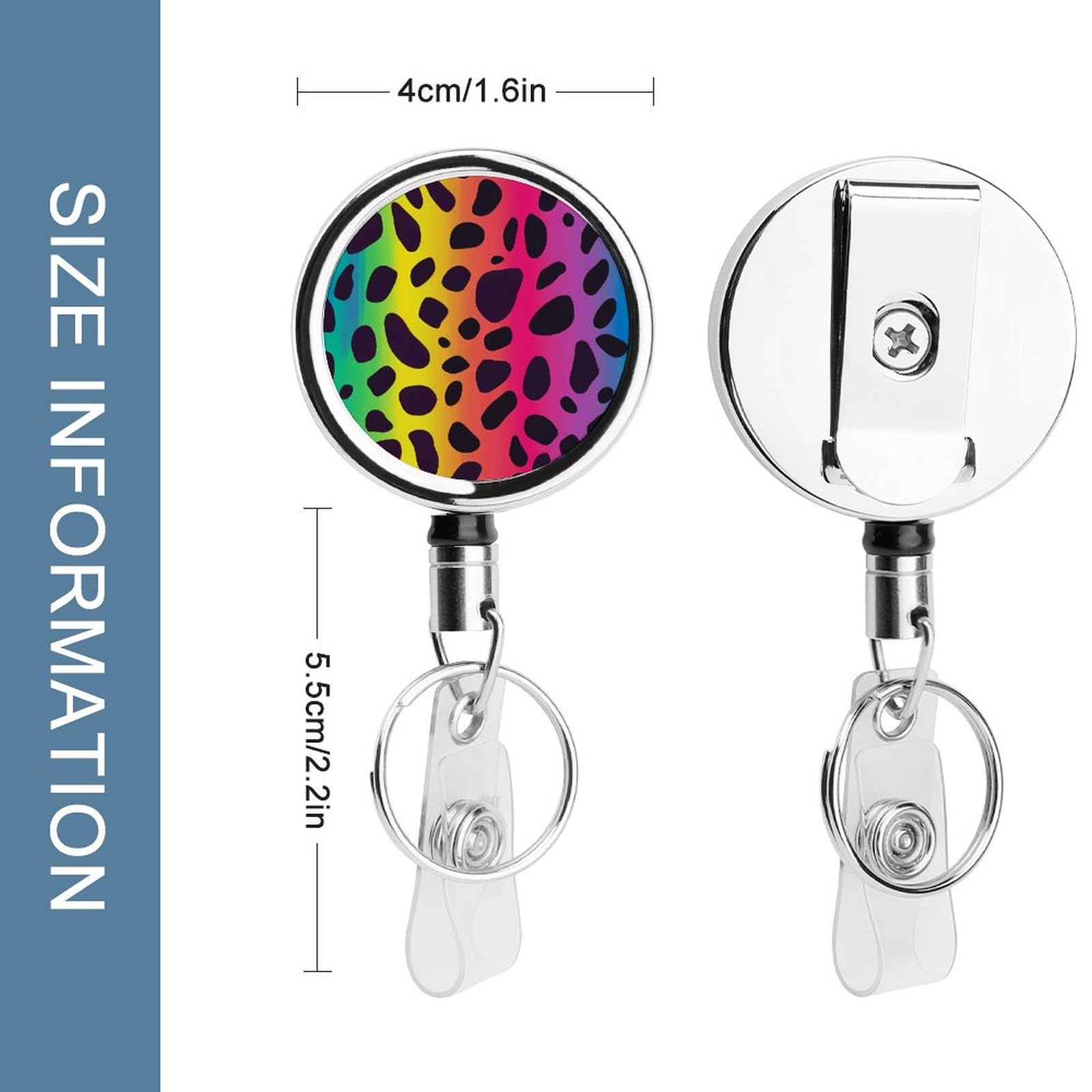 Rainbow Leopard Print Retractable Badge Holder Metal ID Name Holder Key Ring with Belt Clip
