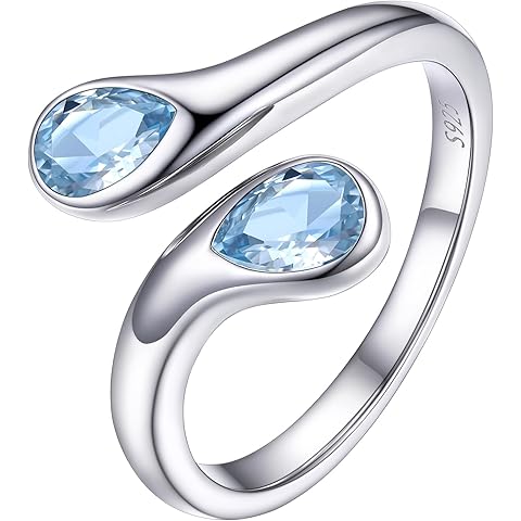 PROSILVER S925 Sterling Silver Rings for Women Dainty Birthstone Statement Ring, Dual Pear-Cut Gemstones, Open Band Rings, Jan - Dec Available