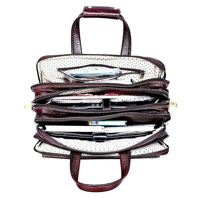 Image of Full-Grain Natural Genuine Pure Orginal Leather Office Briefcase Laptop Messenger Shoulder Bags For Mens Man Office Use 15.6 Inch cabin szie travelling Size-L-16'' X H-12'' X W- 6''