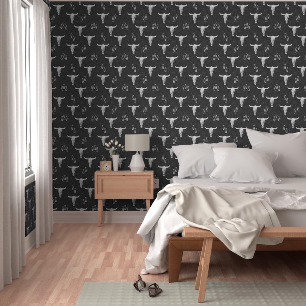 Removable Wallpaper 6ft x 2ft - Desert Skulls Boho Southwest Inspired Bull Cow Gray Bohemian Custom Pre-Pasted Wallpaper by Spoonflower