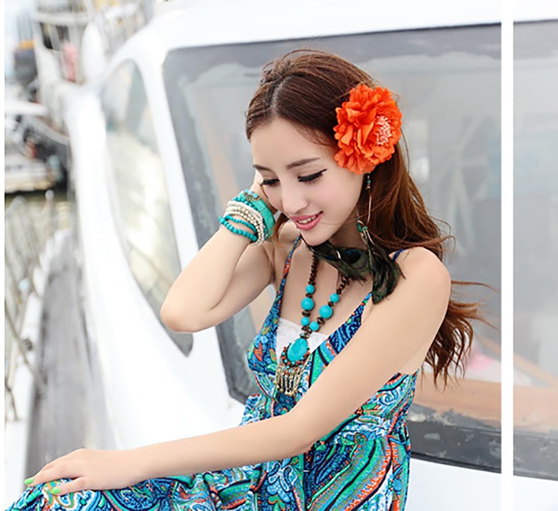 Women's 4.5 Inch Bohemian Peony Flower Hair Clip with Brooch Pin for Seaside Beach Travel Party Festivals (Red) image 3