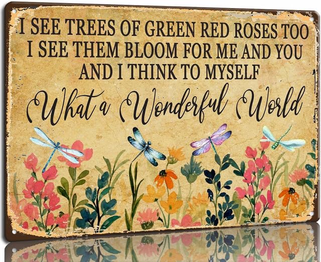 Geroclonup What a Wonderful World Metal Sign Garden Wall Decor Vintage Floral Wall Art Flower and Dragonfly Wall Decor for Home Garage Yard Farmhouse 30x40cm-2024Y