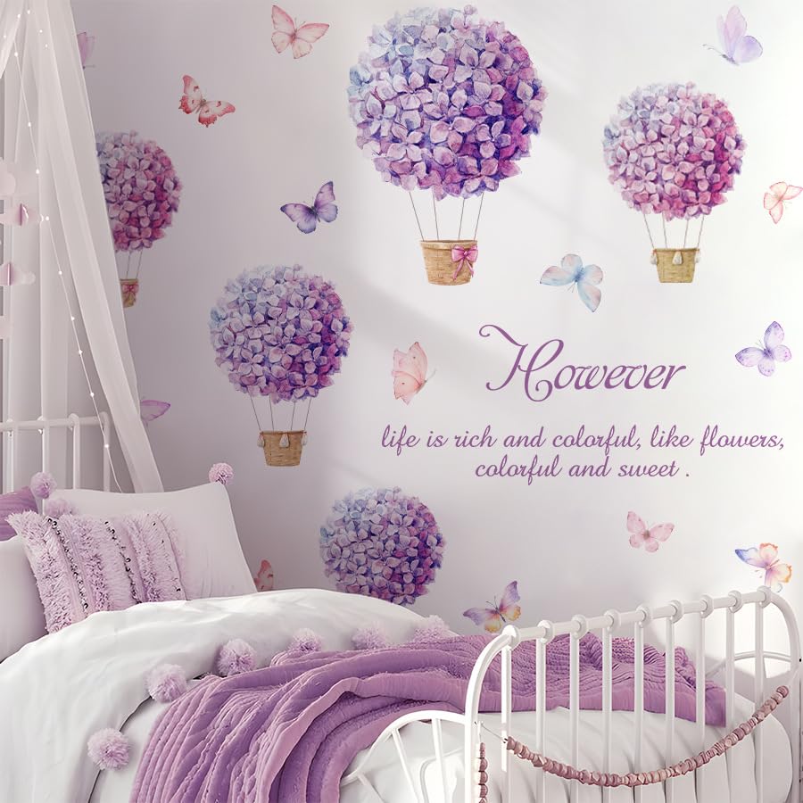 Fufuquare Vinyl Purple Flower Hydrangea Wall Stickers Inspirational Lettering Quotes Sayings Butterfly Wall Decals for Girls' Bedrooms and Living Rooms