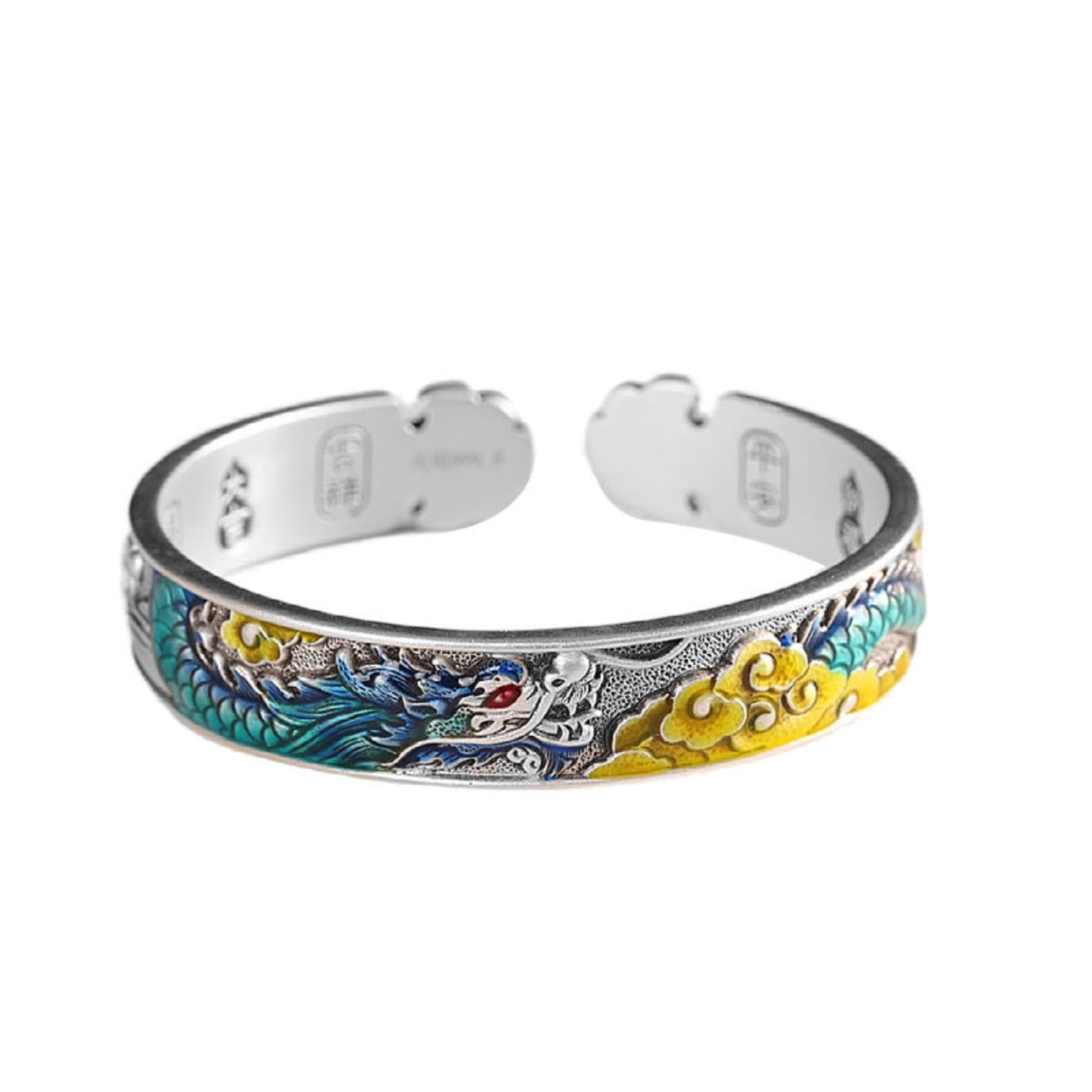 Braccialetti d'argento, braccialetti vintage, Bracciale rigido aperto di buon auspicio in argento sterling 999 da donna, smaltato, artigianato tradizionale, accessorio perfetto for appuntamento, compl