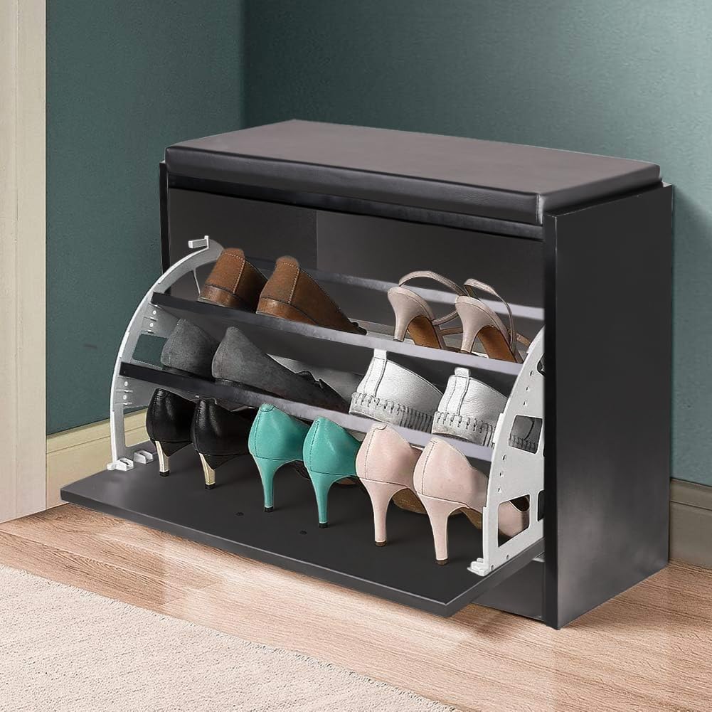 Meuble à chaussures gain de place BAKAJI avec assise et triple profondeur noir