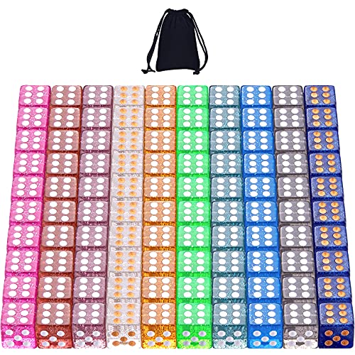 Austor 100 Pieces Dices 6 Sided Glitter Game Dice Set 10 Translucent Colors Square Corner Dice For Tenzi, Farkle, Yahtzee, Bunco Or Teaching Math With A Velvet Drawstring Bag #TOP14