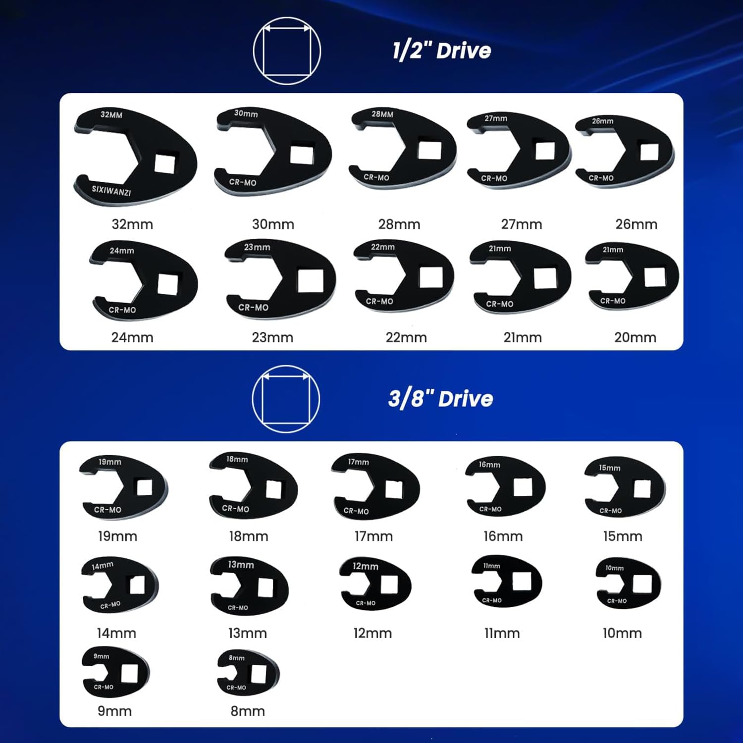 22tlg Krähenfußschlüssel-Set, krähenfußschlüssel, Drehmoment 1/2" 3/8" Außenvierkantantrieb 8-32mm Hahnenfuß Schlüssel Maulschlüssel Steckschlüssel