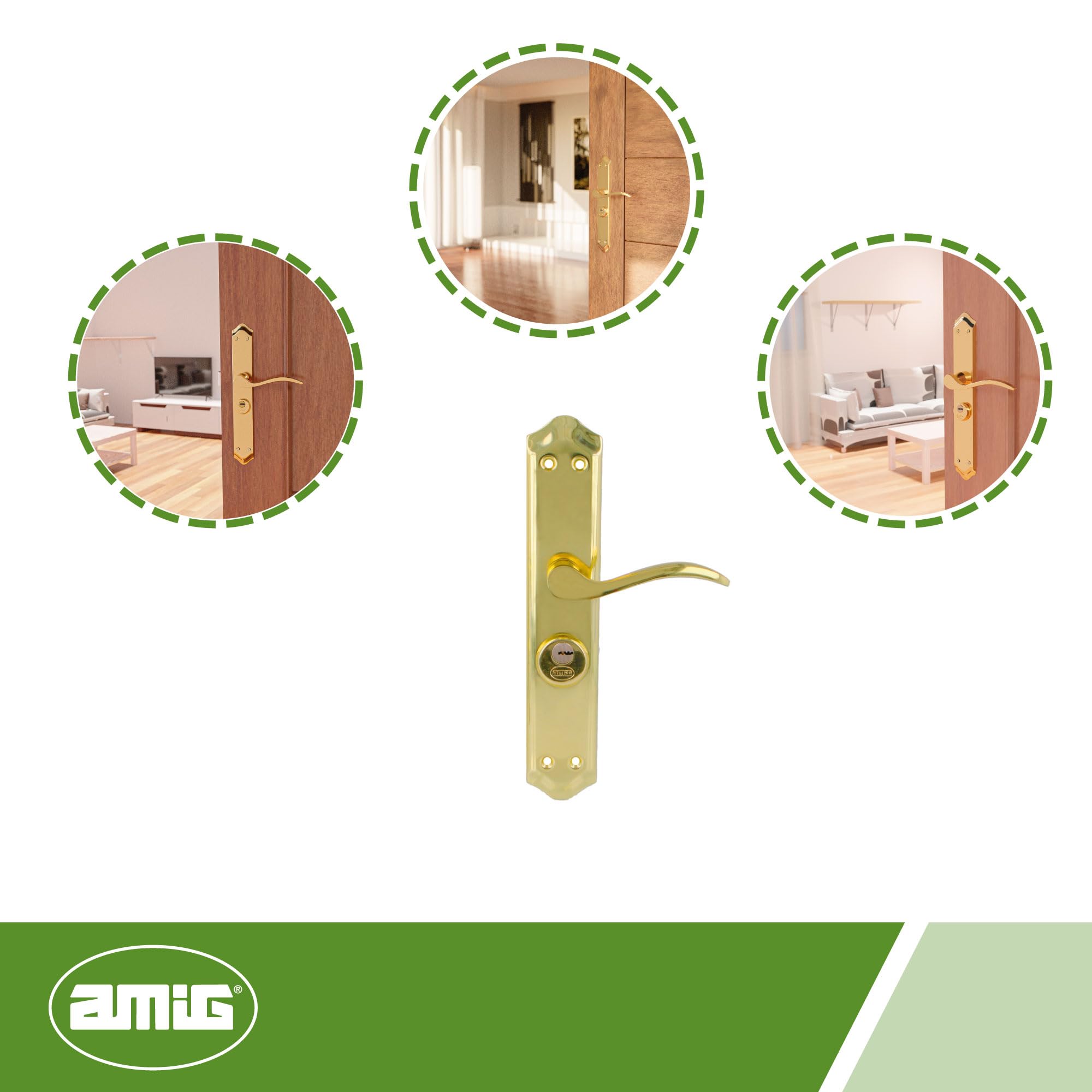 Amig, Right Door Handle Mod. ALFA with Lever Mod. 46, Brass Plated Steel, 255 x 48 mm, 8 mm Spindle, Incl. 2 Keys - Image 4