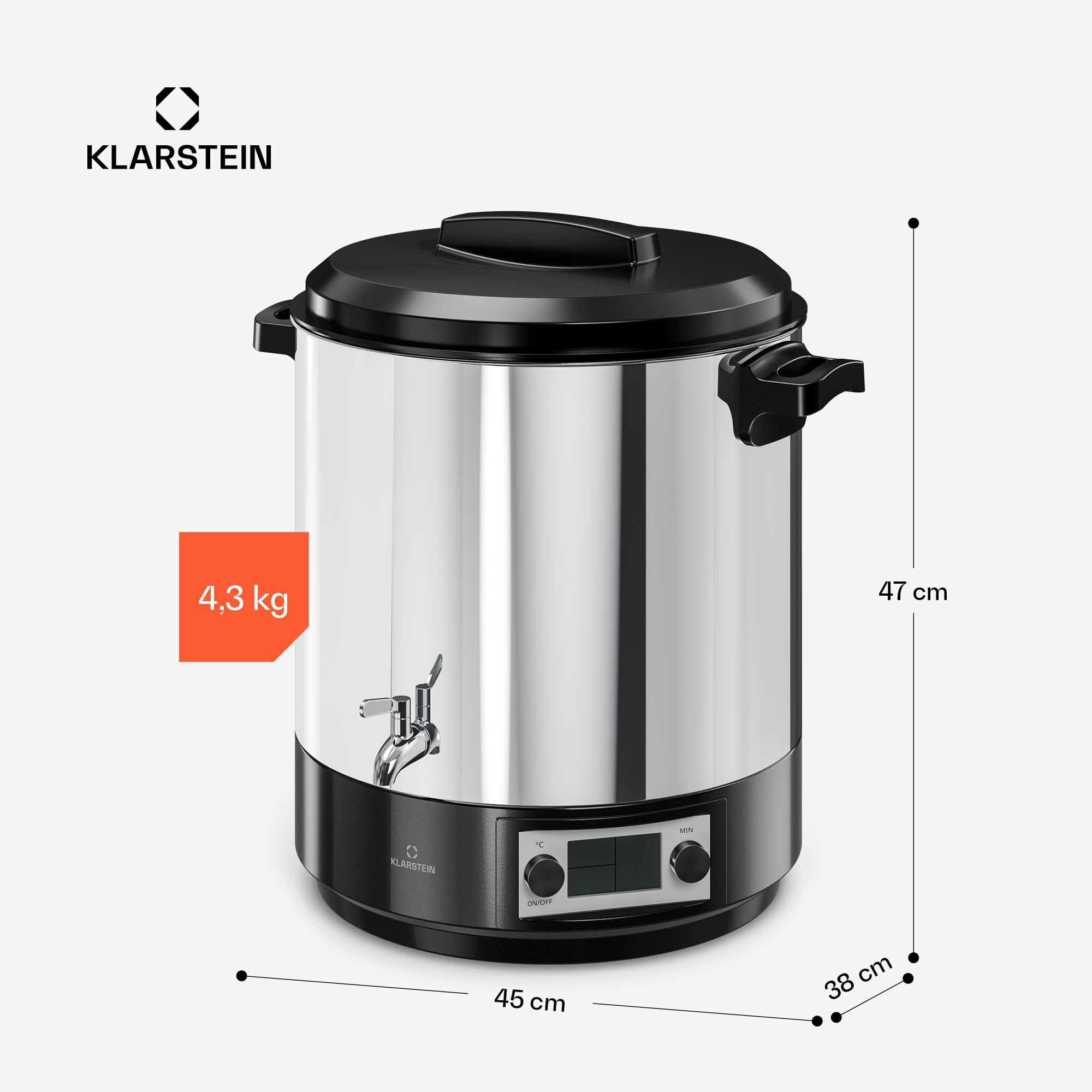 Klarstein Biggie Esterilizador Digital 25 L de Acero Inoxidable con Grifo de Acero Inoxidable, 2000 W, 30–100 °C, Pantalla LCD, Temporizador, Conservas y Vino Caliente