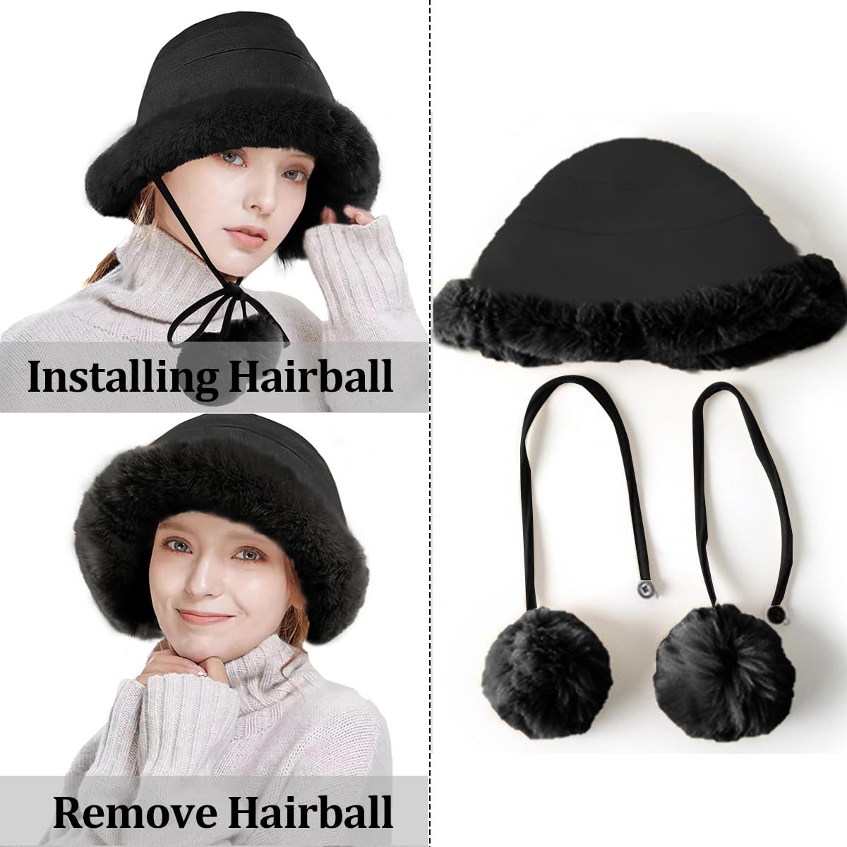 crazy bean Cappello Donna Invernale Peloso Caldo Cappello Pescatore Elegante con PON PON in Pelliccia Rimovibile Arrotolato Bordo