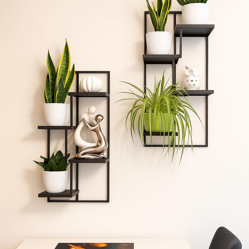 Naścienna Półka na Rośliny - Wiszący Stojak na Kwiaty - Wykonany z Metalu - Nowoczesny Dekor Ścienny do Salonu, Pokoju Nastolatka, Sypialni, Kuchni - 38x20x80cm - QUATTRO RIPIANI Czarny