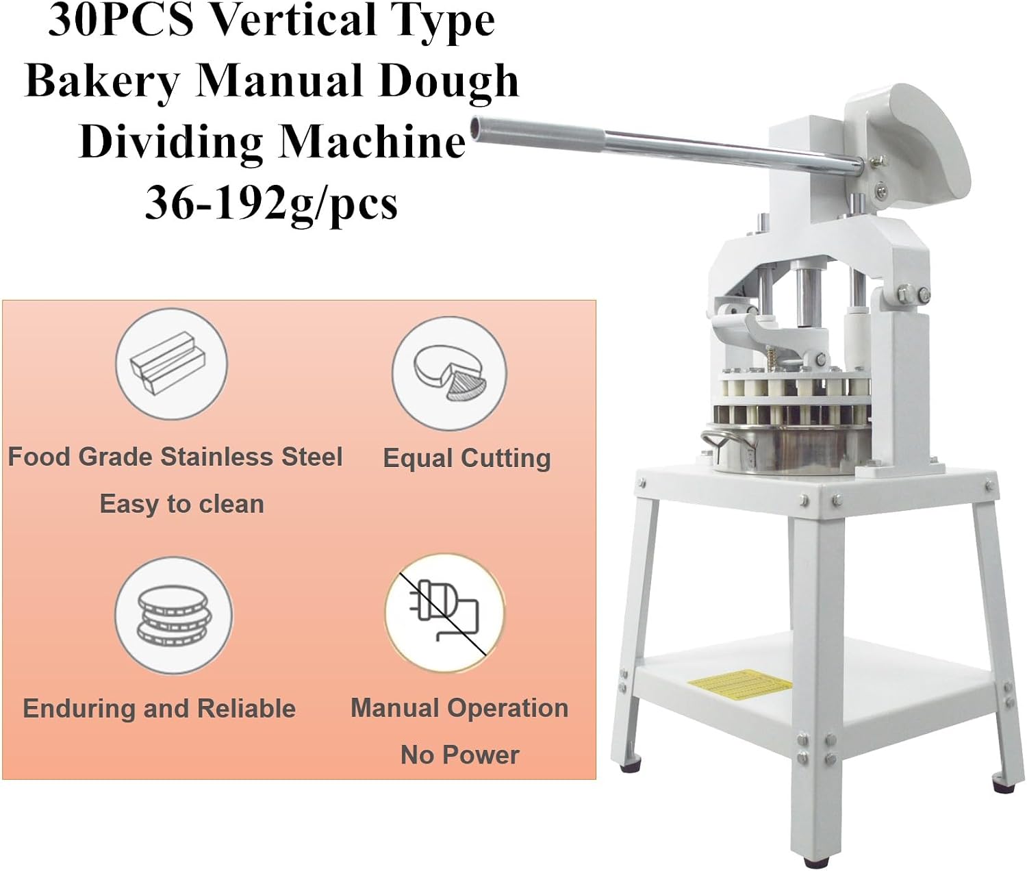 Banfluxion Manual Dough Dividing Machine with key features highlighted: Food Grade Stainless Steel, Easy to clean, Equal Cutting, Enduring and Reliable, Manual Operation, No Power.