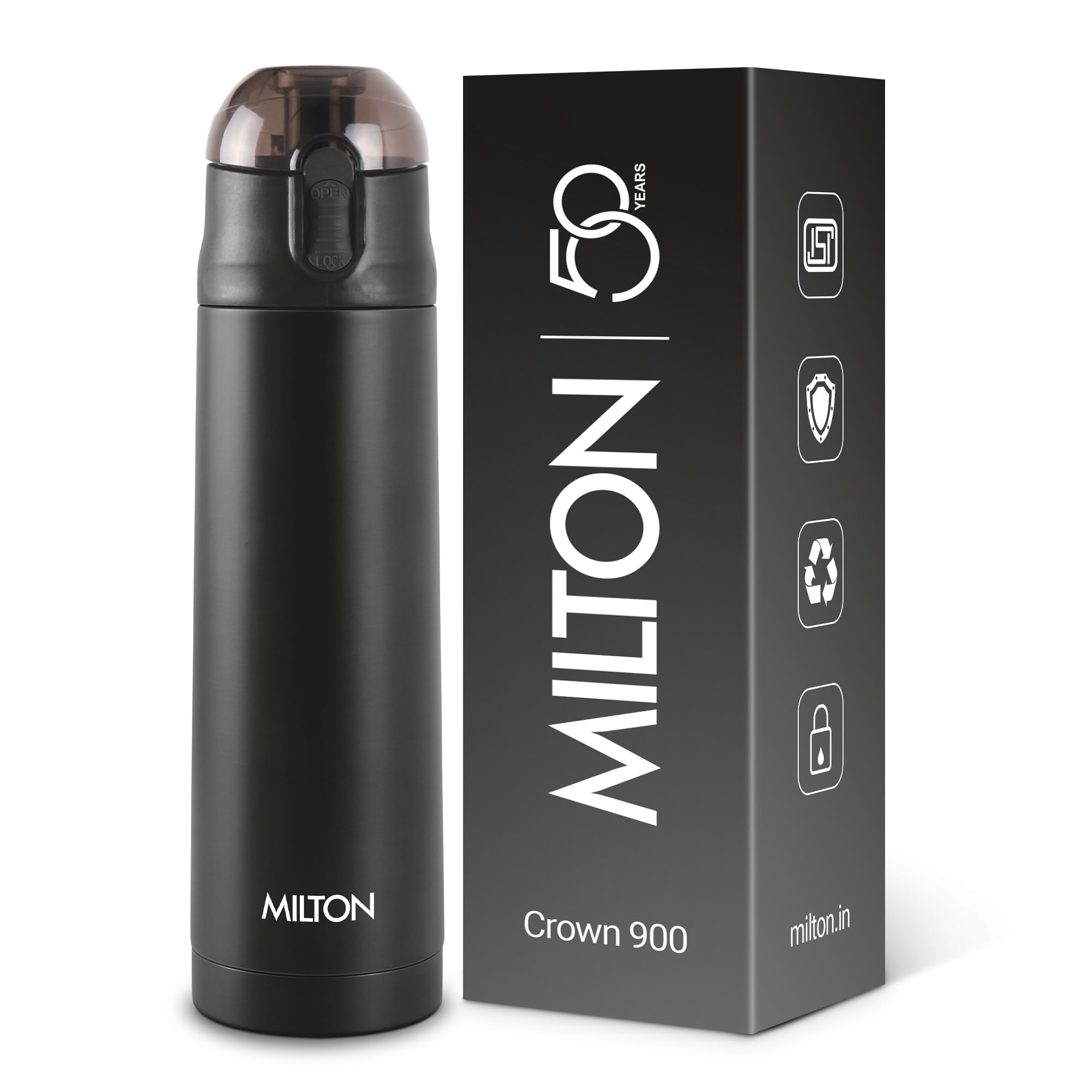 Milton New Crown 900 Thermosteel Water Bottle 750 ml with One Touch Safety Lock, 24 Hours Hot and Cold, Leak Proof Lid, ISI Certified I Vacuum Insulated I for Office, Gym, School I Black-image-40