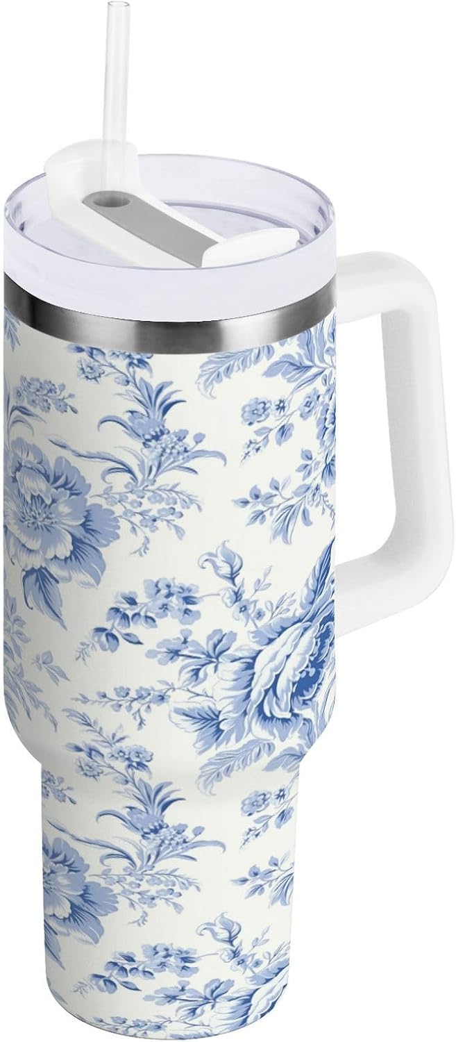 Boccsty Vintage French Floral Insulated Tumblers Blue Pattern Reusable Stainless Steel Tumbler 30 oz Cup Coffee Travel Mug Water Bottle with Handle & Flip Straw for Home Office Car - Image 2